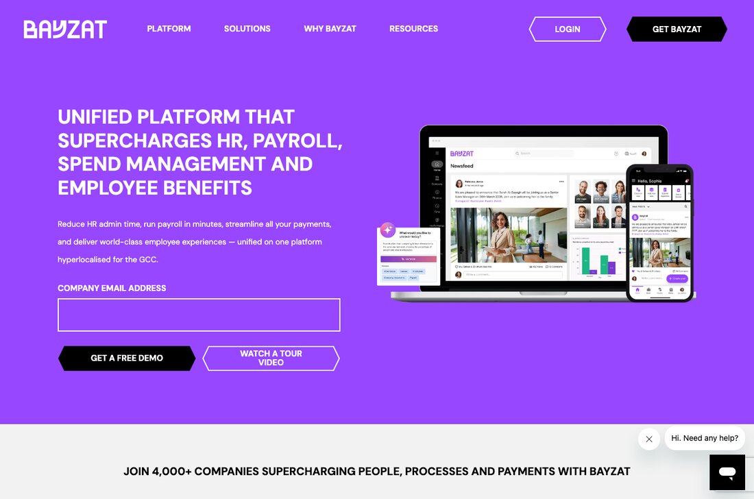 Bayzat HR, payroll and benefits platform shown on laptop and mobile